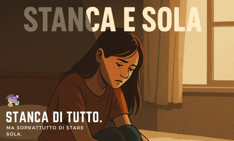 Donna stanca seduta da sola sul letto, in una stanza silenziosa